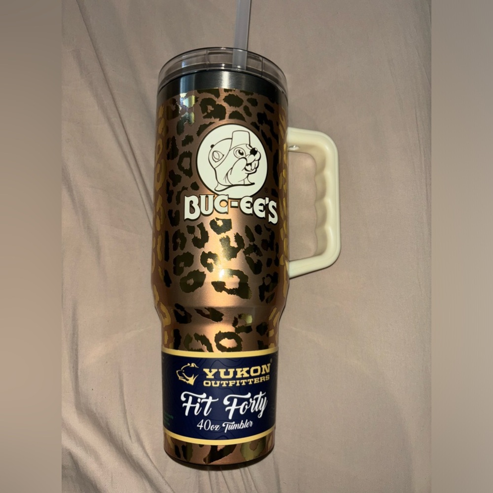 Brand new from store Buc-ee’s gold and leopard print 40 oz tumbler.